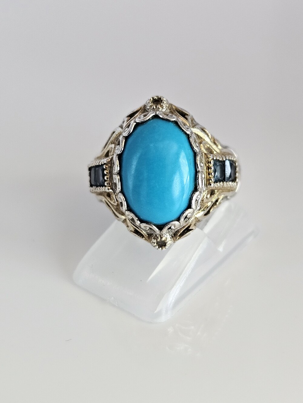 Sleeping Beauty Turquoise & London Blue Topaz Ring Sterling Silver 18k Sz 6 - Picture 4 of 6